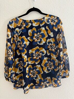 CAbi Women’s Navy Floral Blouse with Mustard & White Accents